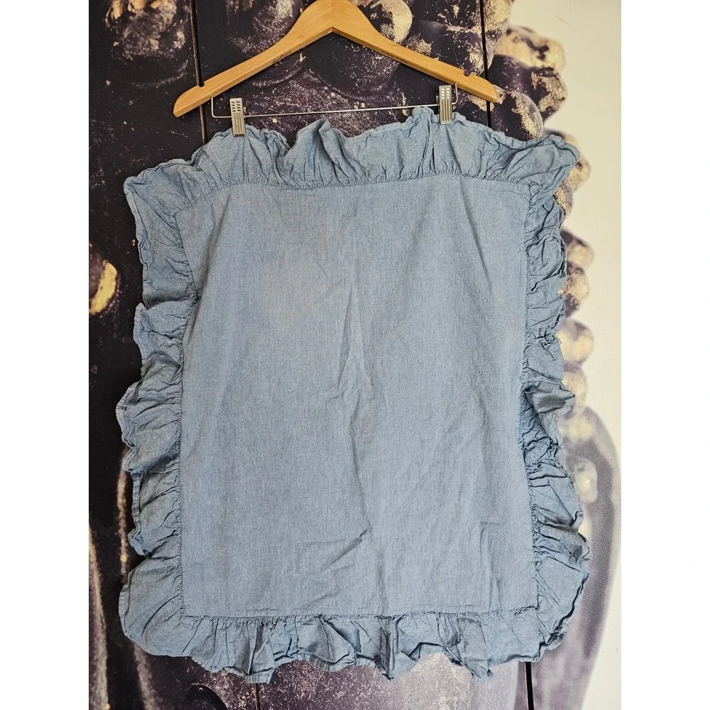 Ralph Lauren Blue Chambray Ruffle Euro Sham /Flat Sheet Set Cotton USA Queen